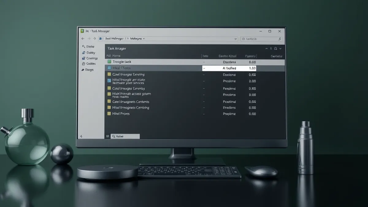 Illustration: A darkened computer desktop shows a generic task manager window with blank process lists.