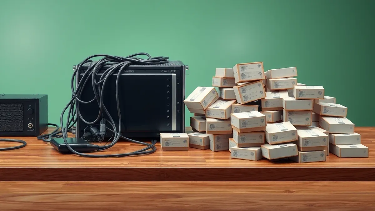 Illustration: A wooden workbench holds a small server box connected by tangled cables to a chaotic pile of unlabeled software boxes.