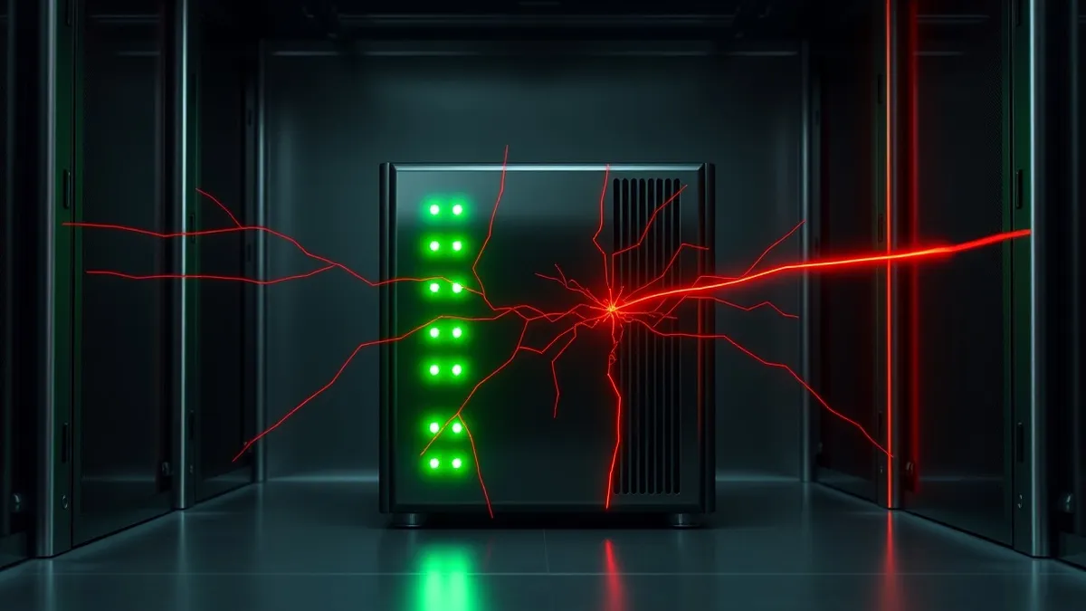 Illustration: A black box server sits in a dim rack, its green status lights flickering erratically.