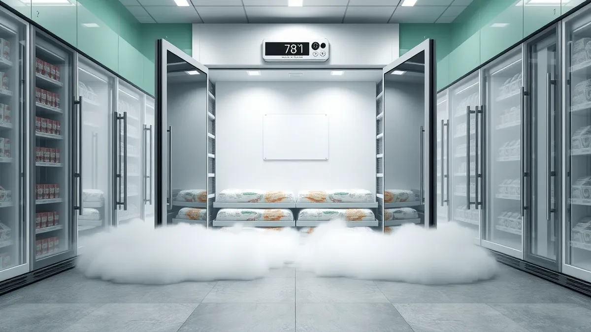 Illustration: A commercial freezer door stands open in a supermarket aisle, releasing thick white fog onto the concrete floor.