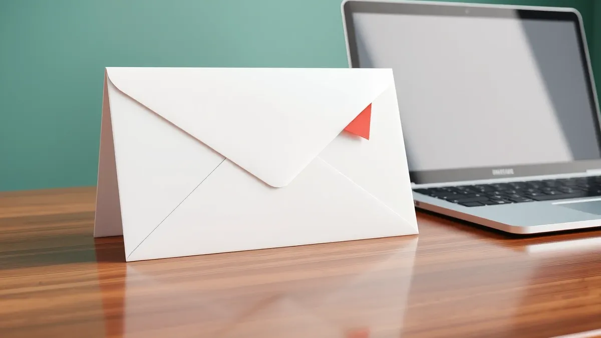 Illustration: A pristine white envelope sits on a polished wooden desk, slightly tilted next to a modern silver laptop.