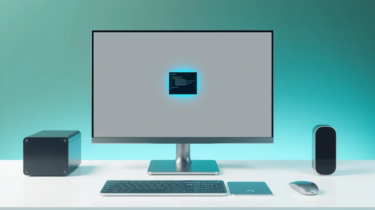 Illustration: A sleek desktop computer sits on a clean white desk.