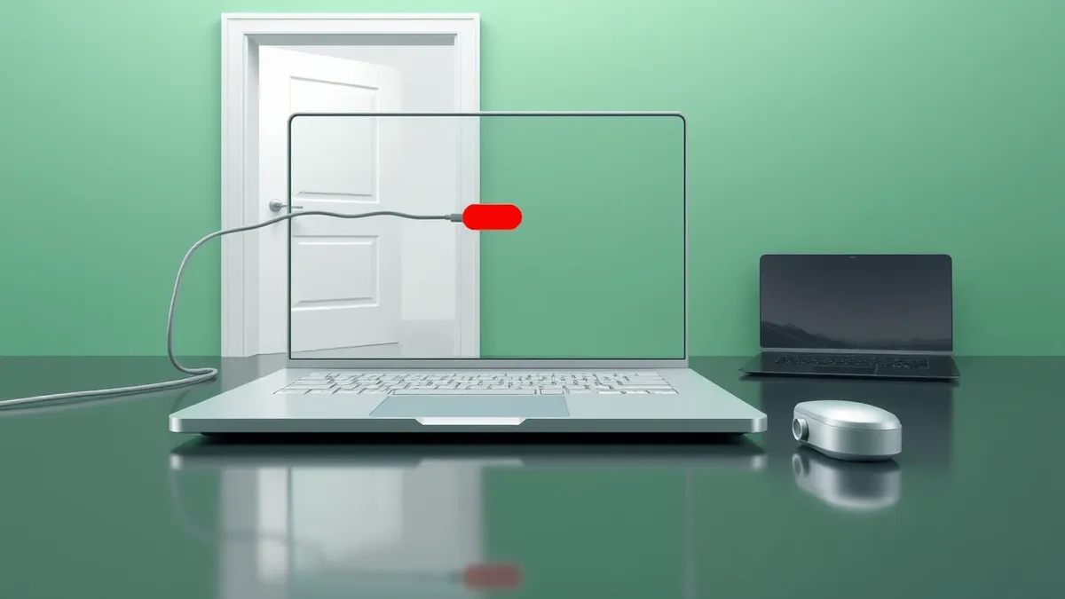 Illustration: A sleek silver laptop sits on a clean desk, its screen displaying a minimalist interface with a single red button.