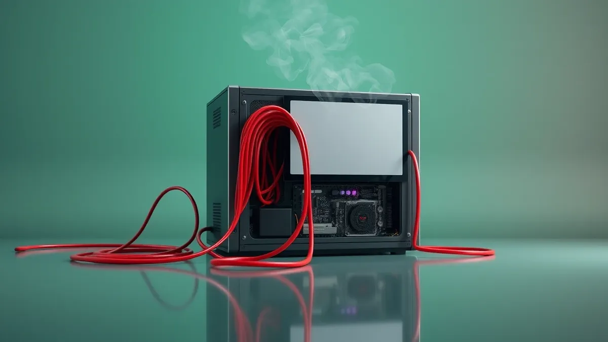 Illustration: A dusty office server sits idle while tangled red cables snake across its surface, connecting to a small, overheating mining rig hidden behind the chassis.