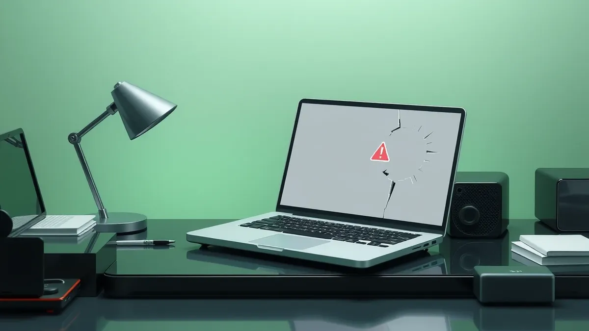 Illustration: A solitary laptop sits on a cluttered small office desk, its screen displaying a single red alert icon.