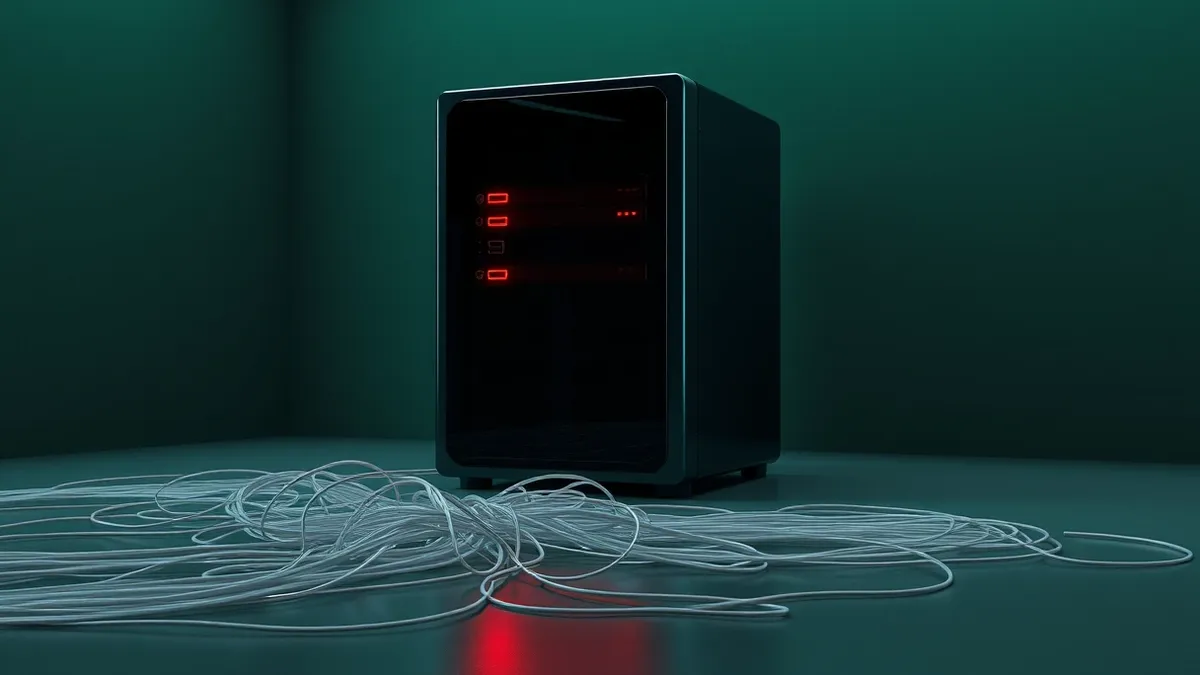 Illustration: A single glowing database server sits isolated in a dark room, its front panel displaying abstract red warning lights.
