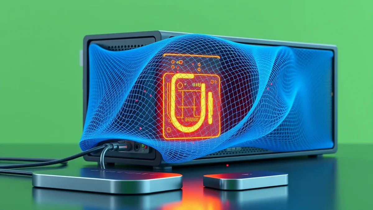 Illustration: A translucent blue mesh wraps around a glowing server component, scanning internal data streams.