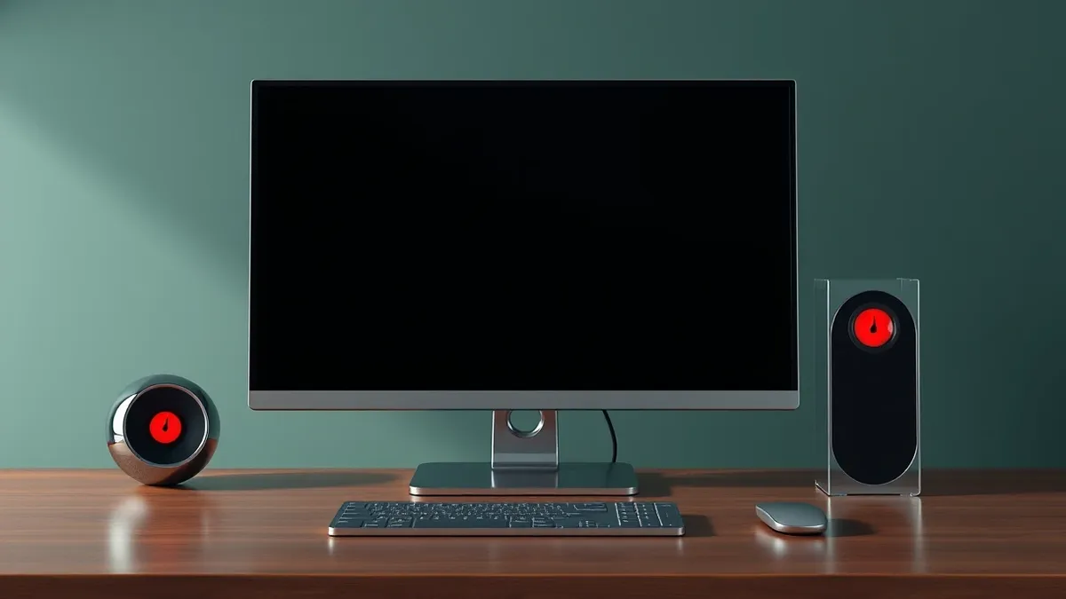 Illustration: A sleek desktop computer sits on a wooden desk, its monitor displaying a stark, empty terminal window with a single blinking cursor.
