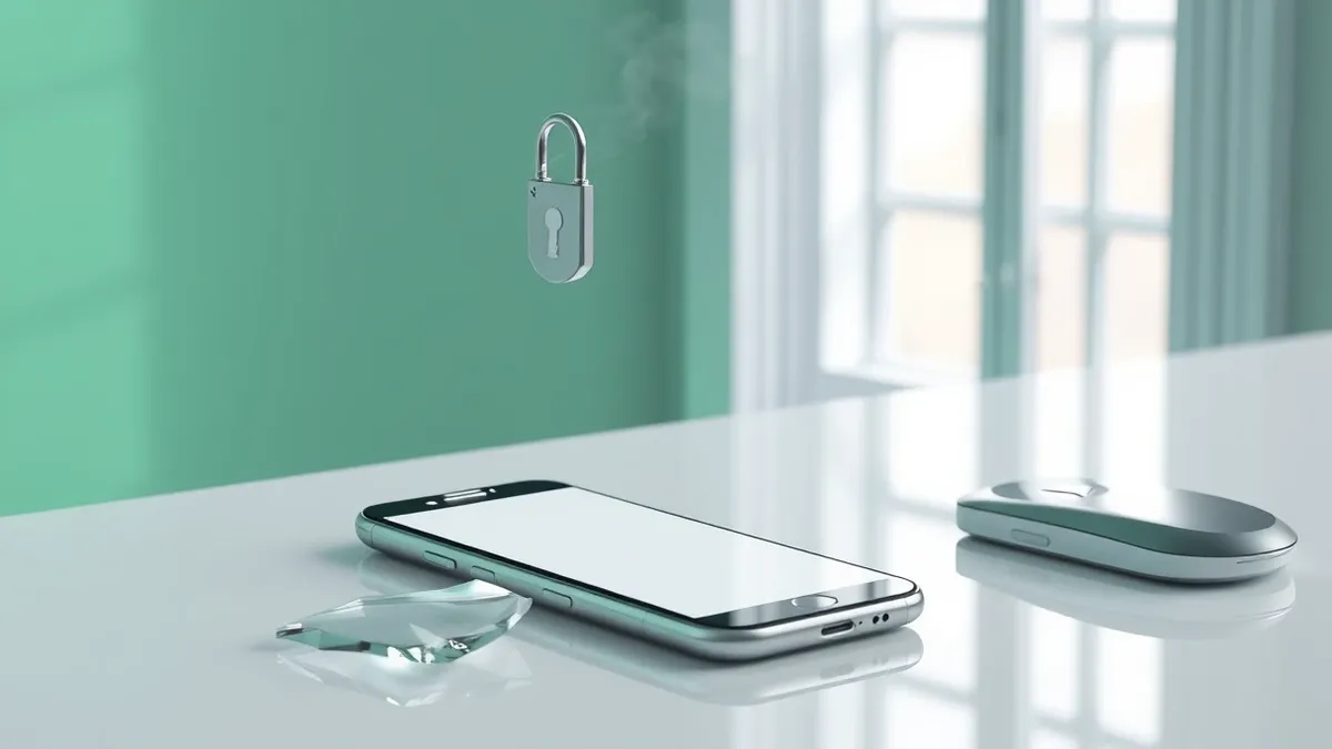 Illustration: A broken glass shard rests on a sleek white desk next to a smartphone displaying a blank screen.