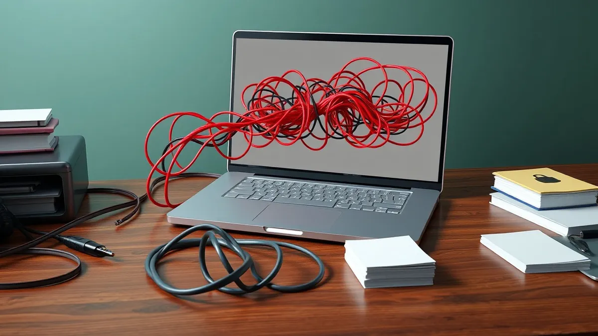Illustration: A sleek silver laptop sits on a cluttered wooden desk, its screen displaying a chaotic tangle of red and black tangled cables emerging from a single software module.