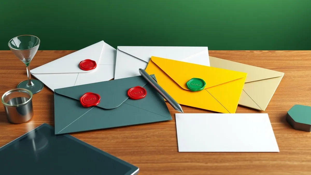 Illustration: A flat-lay arrangement of four distinct colored envelopes on a wooden desk, each sealed with a corresponding red, amber, yellow, or green wax stamp.