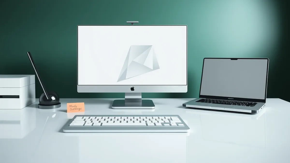 Illustration: A tidy desk holds a single keyboard and a blank monitor displaying abstract geometric shapes.