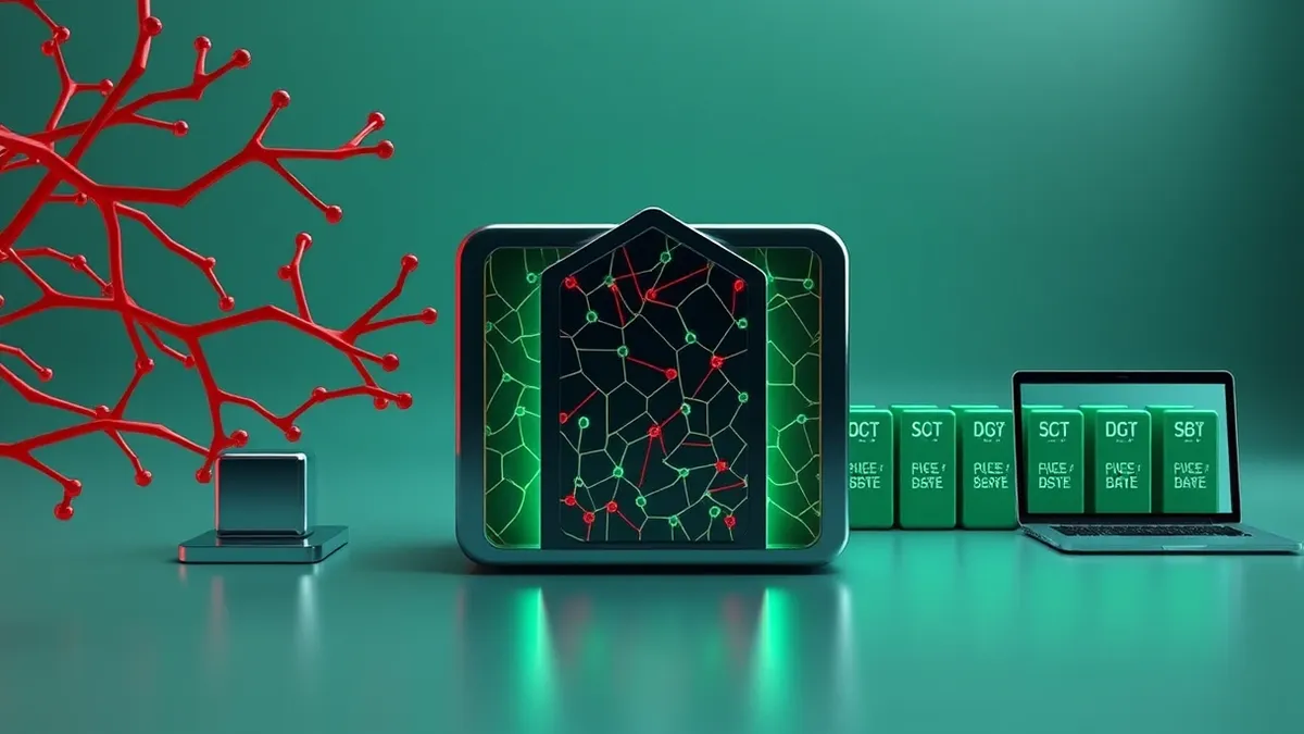 Illustration: A network firewall sits between a chaotic storm of jagged red connection lines and a calm, orderly queue of green data packets.