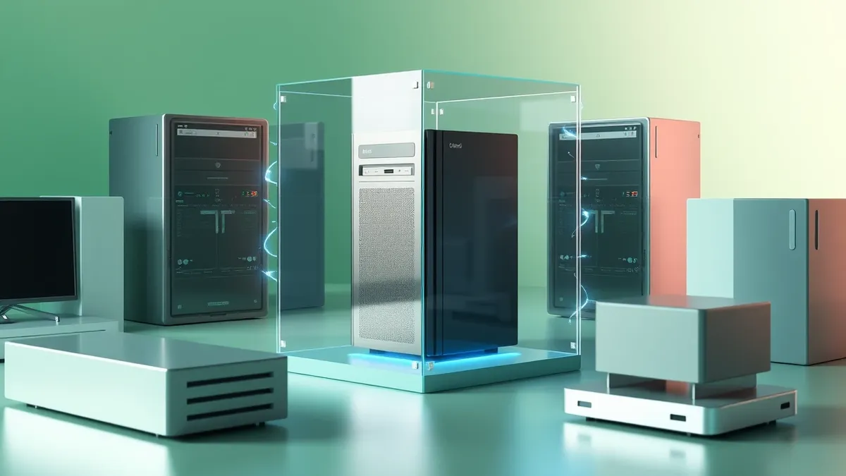 Illustration: A sleek server sits inside a transparent glass cube, separated from surrounding hardware by distinct, shimmering energy barriers.