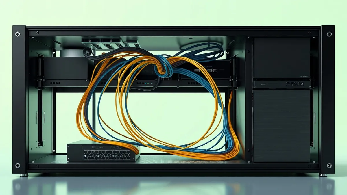 Illustration: A sleek black server chassis sits open, revealing a complex tangle of colorful fiber optic cables weaving between distinct hardware modules.