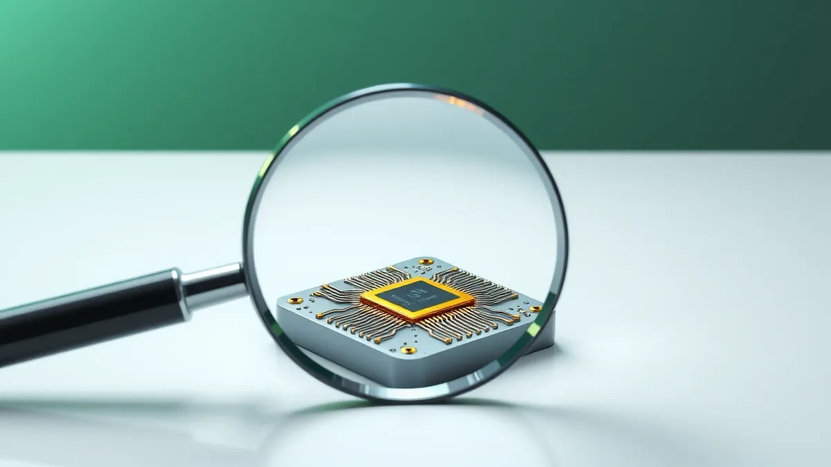 Illustration: A magnifying glass hovers over an exposed silicon microchip resting on a clean white surface.
