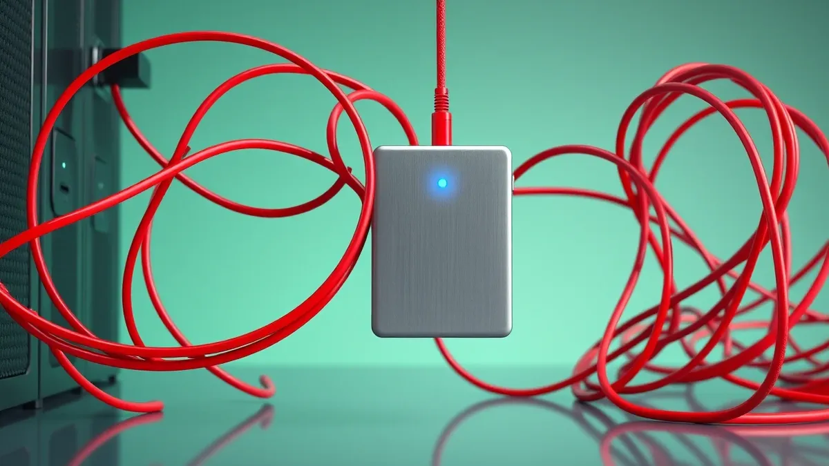 Illustration: A tangled mass of red ethernet cables snakes out from a dark server enclosure, wrapping tightly around a silver external hard drive.