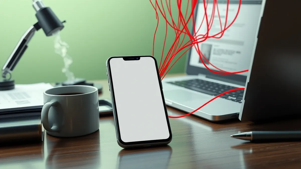 Illustration: A blank smartphone rests on a cluttered newsroom desk beside a steaming coffee mug.