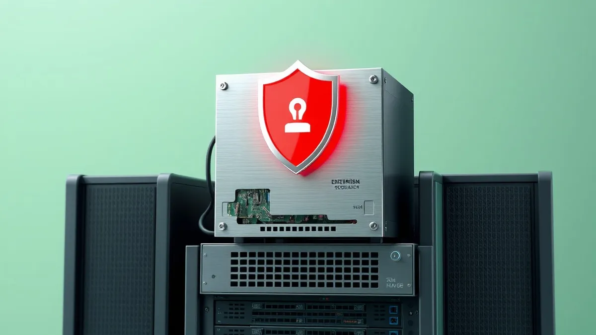 Illustration: A silver enterprise server sits open on a metal rack, exposing its internal circuit boards.