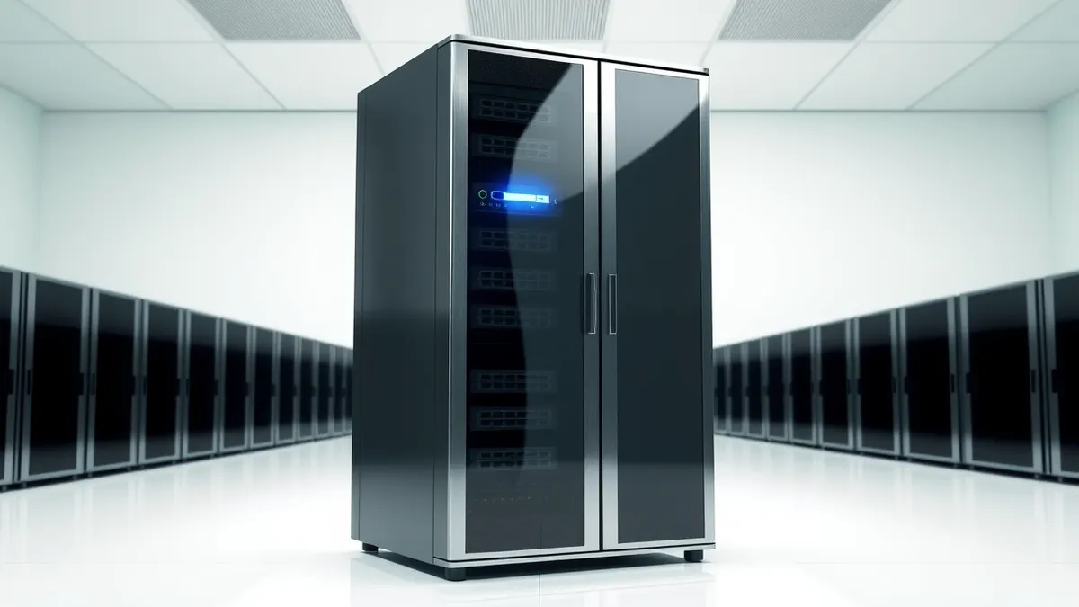 Illustration: A sleek metal server rack stands in a clean, white data hall.