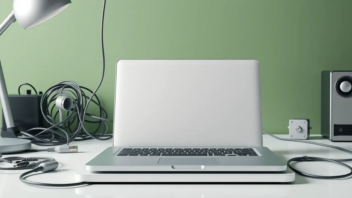 Illustration: A cluttered desk with tangled cables and dusty electronics transforms into a clean, organized workspace with neatly coiled wires.
