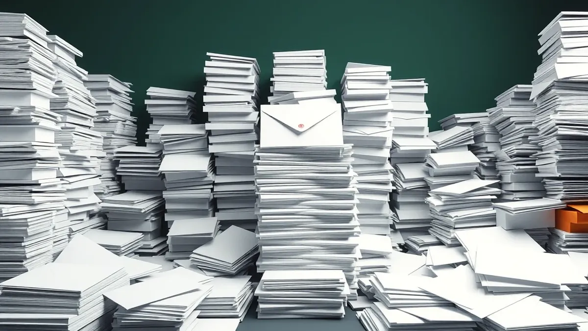 Illustration: A chaotic office desk buried under towering stacks of blank, white paper envelopes and sealed manila folders.
