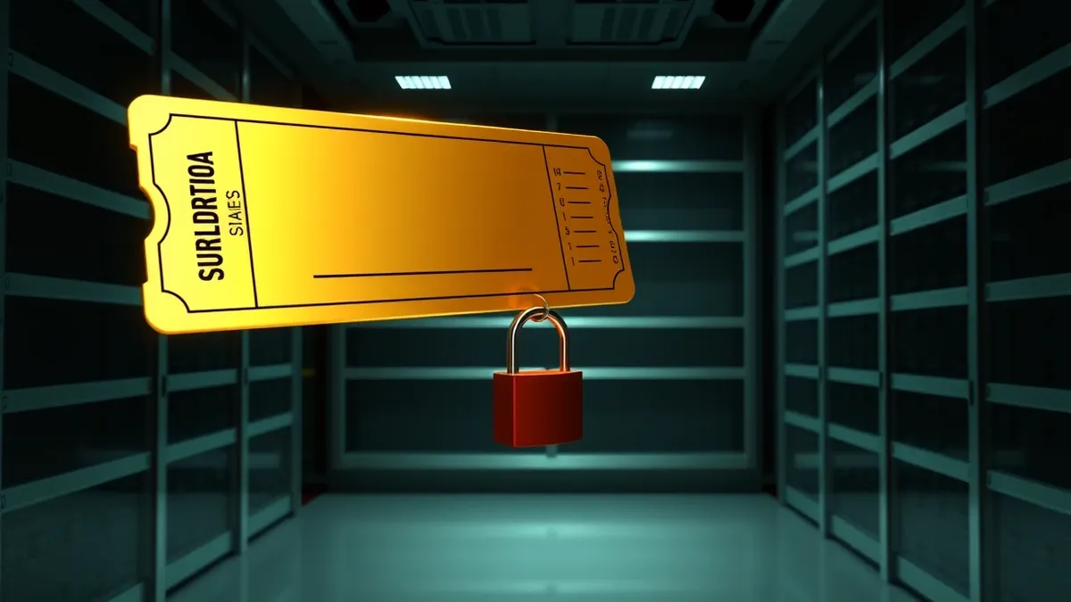 Illustration: A forged golden ticket floats above a blank server rack in a dark room.