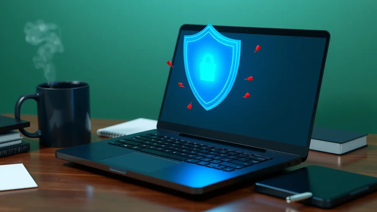 Illustration: A sleek black laptop sits on a cluttered wooden desk next to a steaming coffee mug.