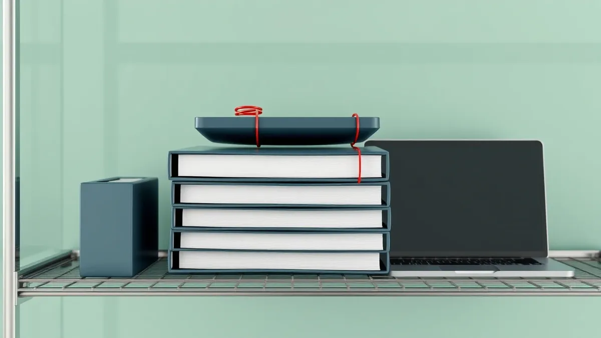 Illustration: A stack of thick, blank binders sits neatly on a metal shelf next to a closed laptop.