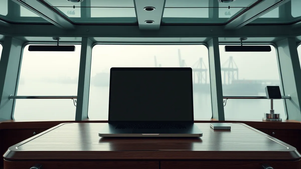 Illustration: A cargo ship’s bridge interior shows a single open laptop on a wooden console.