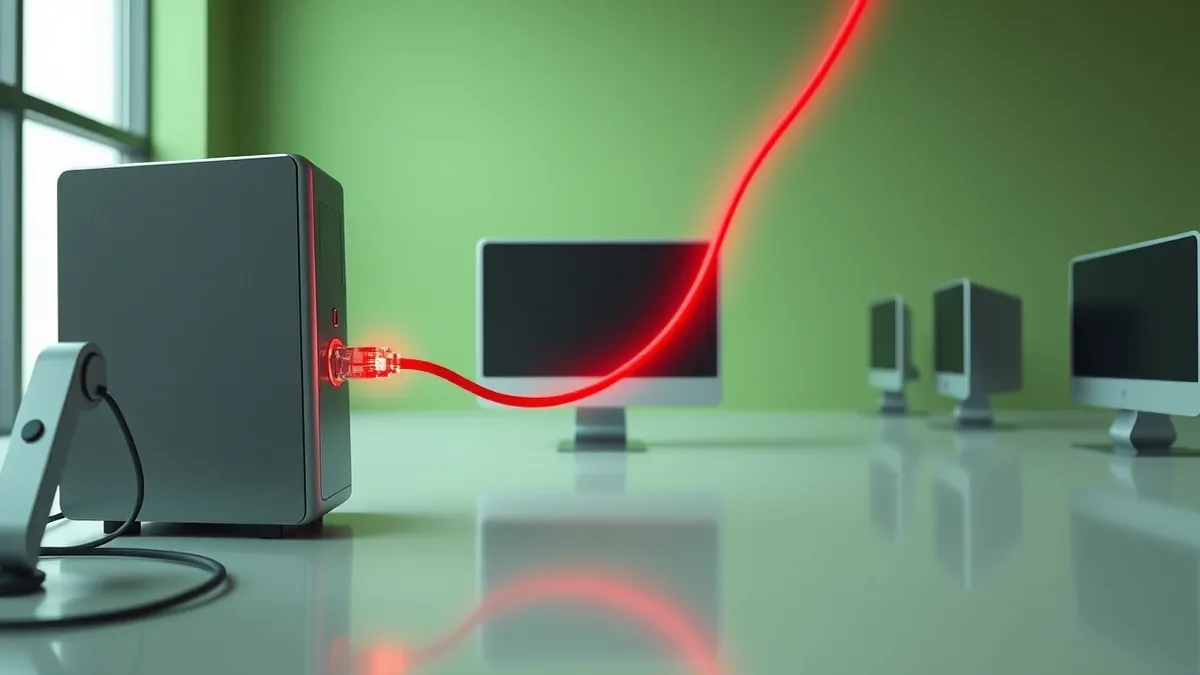 Illustration: A single unpatched desktop computer sits in an office, its network cable pulsing with red light as digital worms burst from the port and rapidly spread through the bu