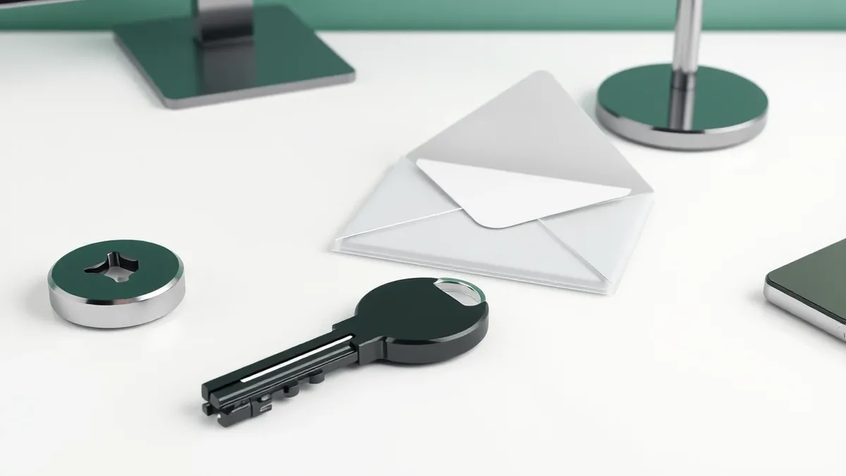 Illustration: A sleek black key rests on a clean white desk next to a sealed transparent envelope containing a folded piece of paper.