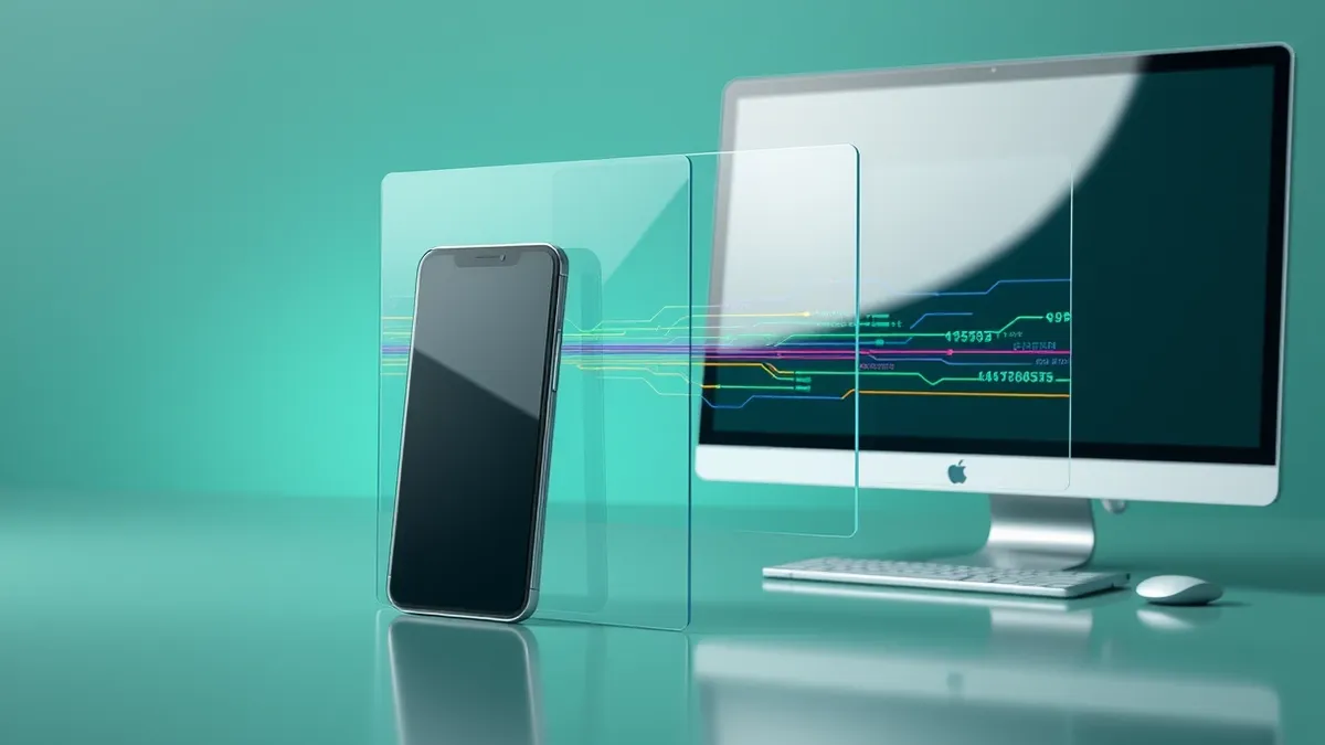 Illustration: A transparent glass panel hovers between a smartphone and a desktop computer, mirroring the flow of colored data streams.