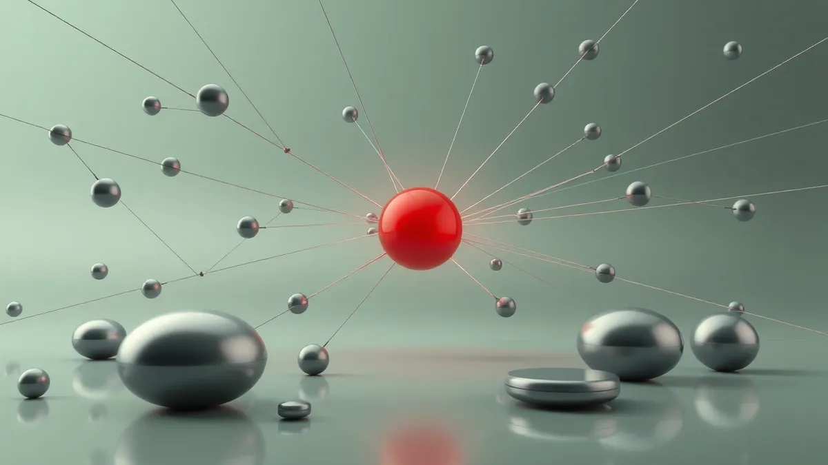 Illustration: A tangled web of thin grey lines connects floating abstract nodes to a single bright red sphere in the center.