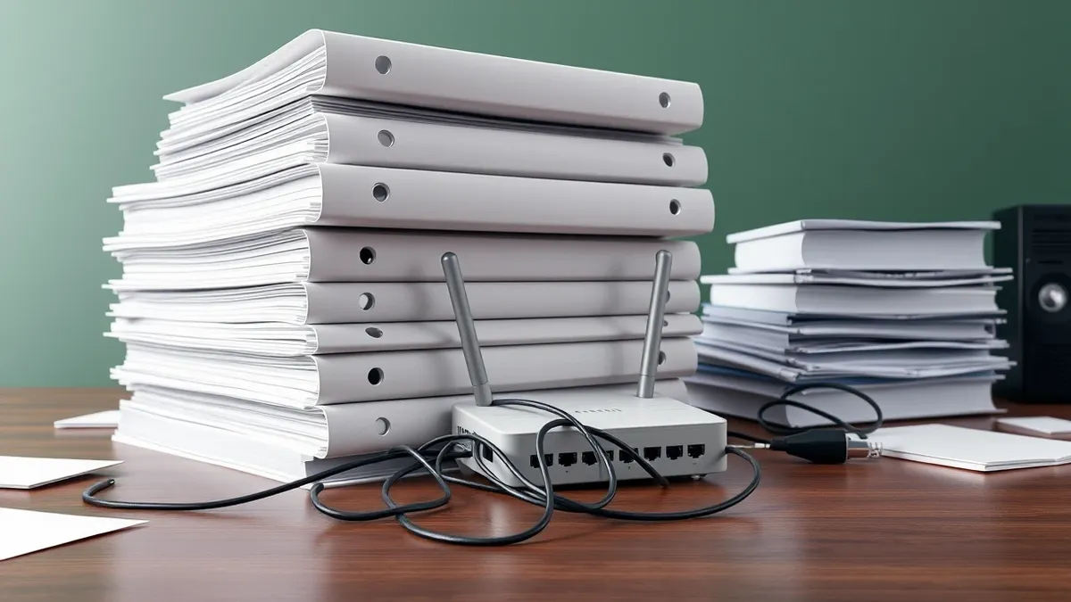 Illustration: A stack of blank white binders sits on a cluttered wooden desk, weighing down a single loose cable.