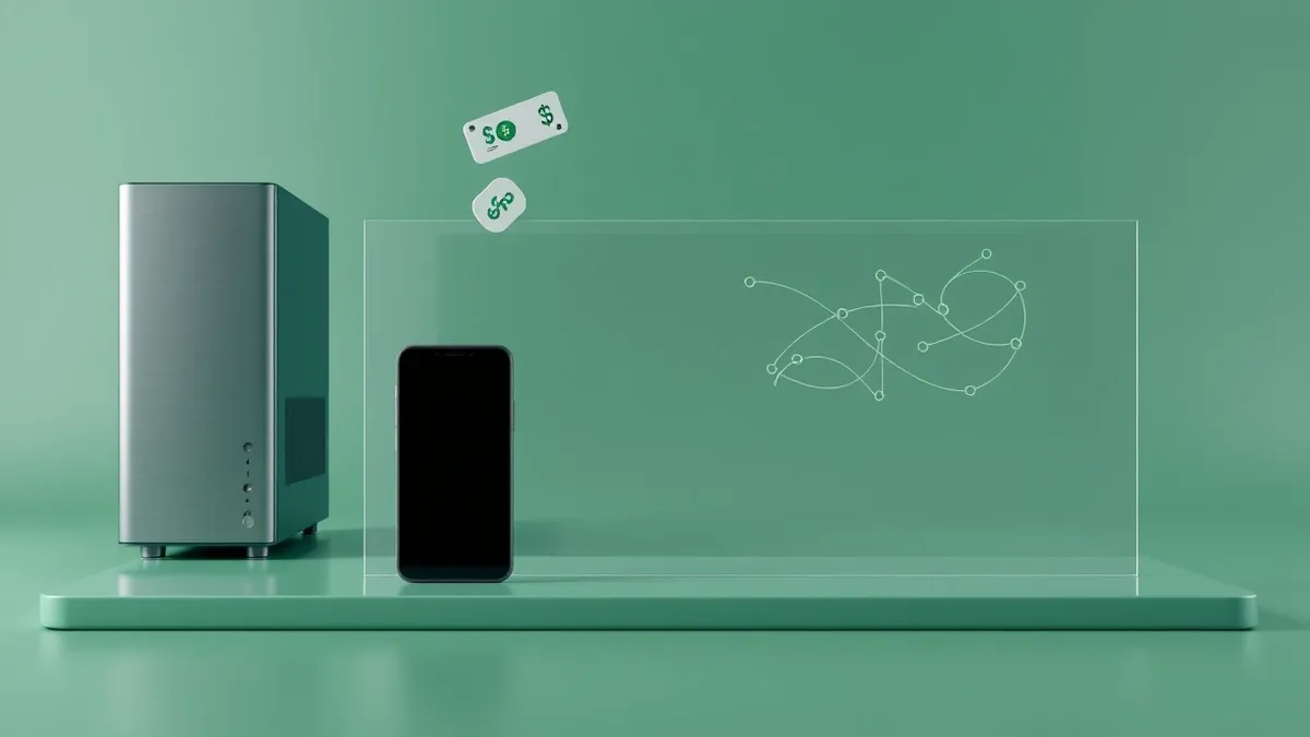 Illustration: A sleek black smartphone sits beside a generic computer tower, separated by a thick, translucent glass barrier.