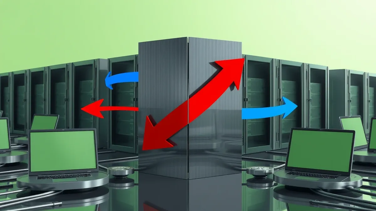 Illustration: A thick steel wall slices through a network of connected servers, isolating one side from the other.