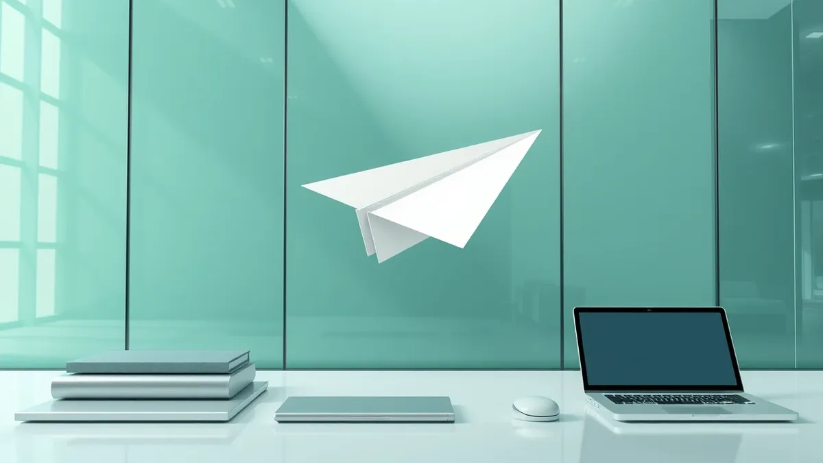 Illustration: A blank white paper airplane glides through the air, carrying a single, sharp jagged fragment of abstract geometry.