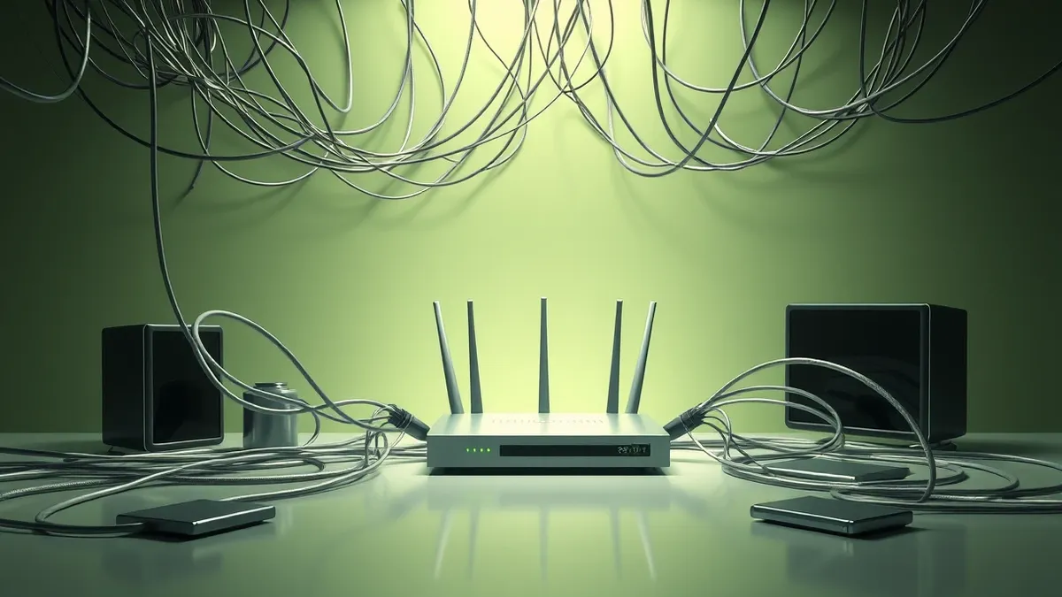 Illustration: A tangled web of thick cables connects to a network router on a desk, with invisible waves expanding outward from its antenna.