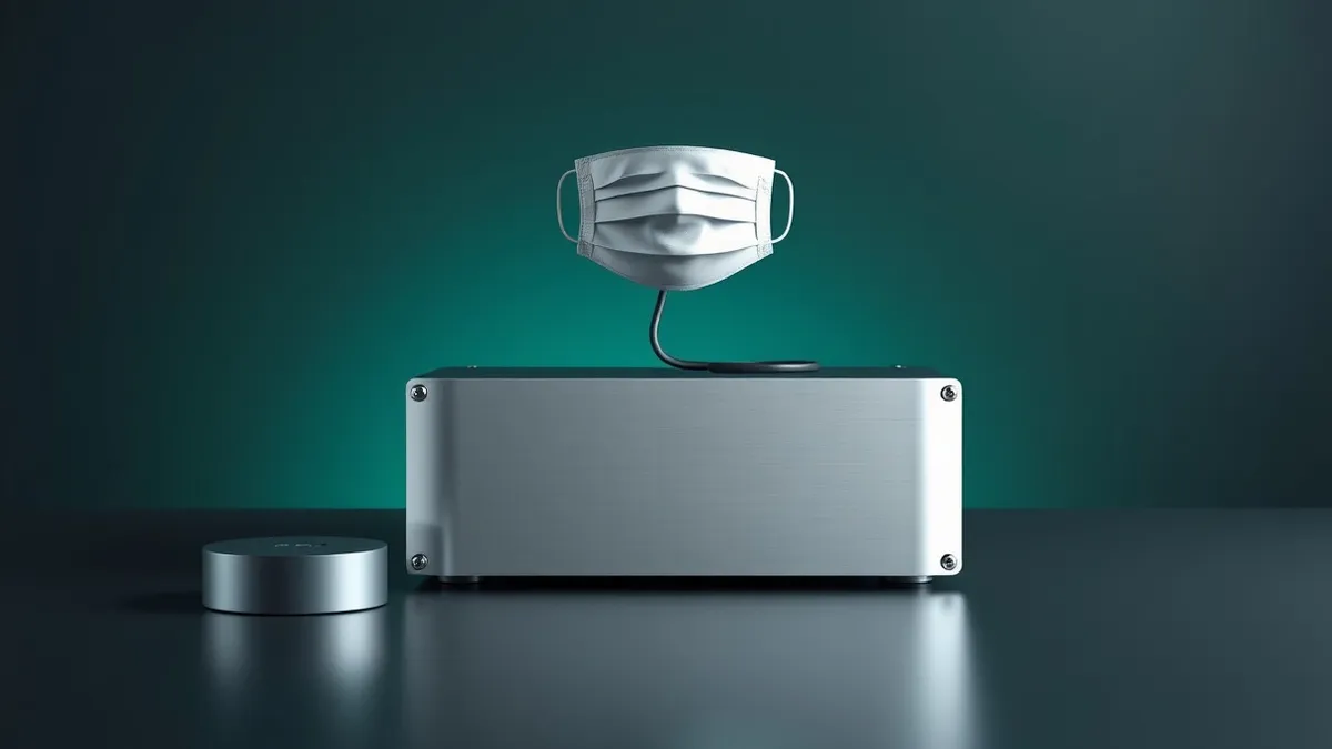 Illustration: A sleek, silver hardware security module sits isolated on a dark surface.