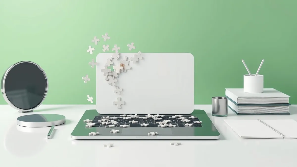 Illustration: A single credit card file sits on a desk, its edges dissolving into a mosaic of mismatched puzzle pieces.