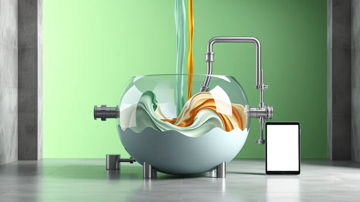 Illustration: A large industrial mixing vessel sits in a concrete room, receiving streams of distinct colored liquids from separate pipes.