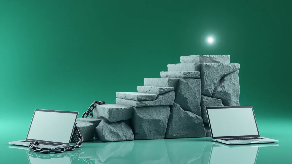 Illustration: A stepped stone structure rises with jagged, weathered blocks at the base and smooth, pristine levels at the top.