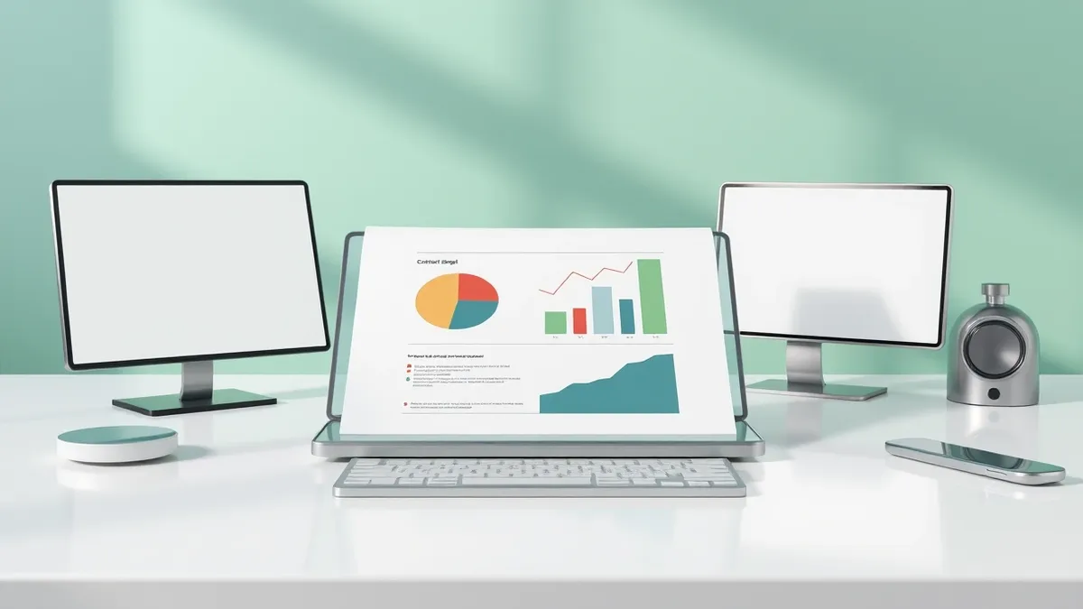Illustration: A single crisp document rests on a clean desk surface, featuring a clear pie chart and simple bar graphs in muted colors.