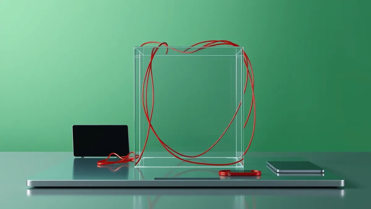Illustration: A transparent glass cube sits empty on a sleek desk.