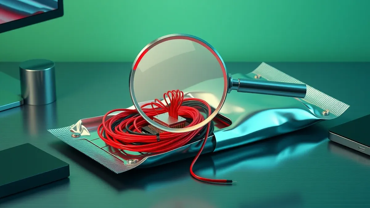 Illustration: A cracked open software package lies on a desk, revealing tangled red and black wires inside instead of clean code.