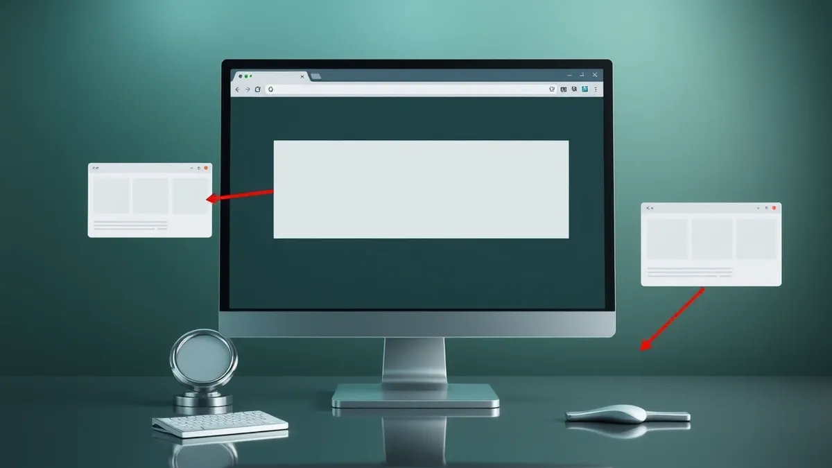 Illustration: A desktop computer monitor displays a blank web browser window with three empty sidebar panels representing extensions.