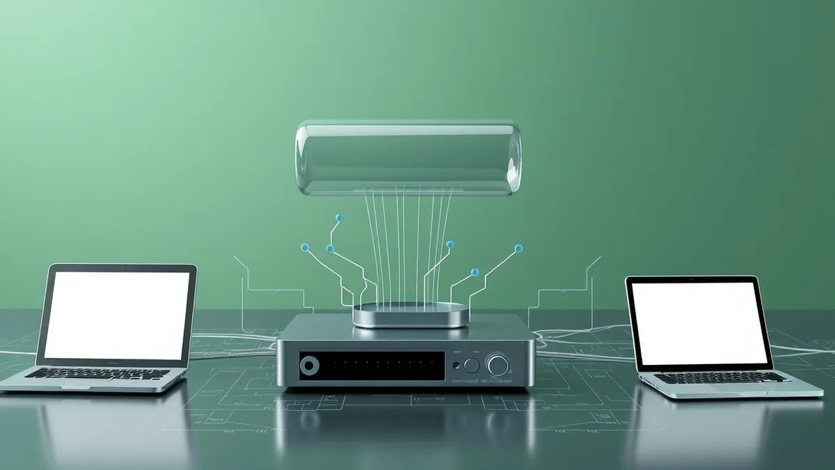 Illustration: A transparent glass tube floats above a computer network diagram, capturing invisible data streams from a router and compressing them into harmless-looking packets th