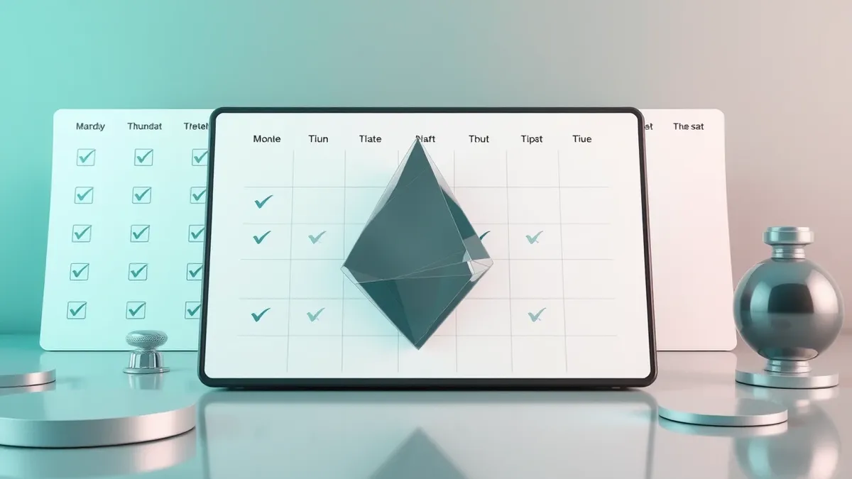 Illustration: A translucent, jagged digital shard lodges itself inside a clean, white calendar grid marked with abstract checkmarks.