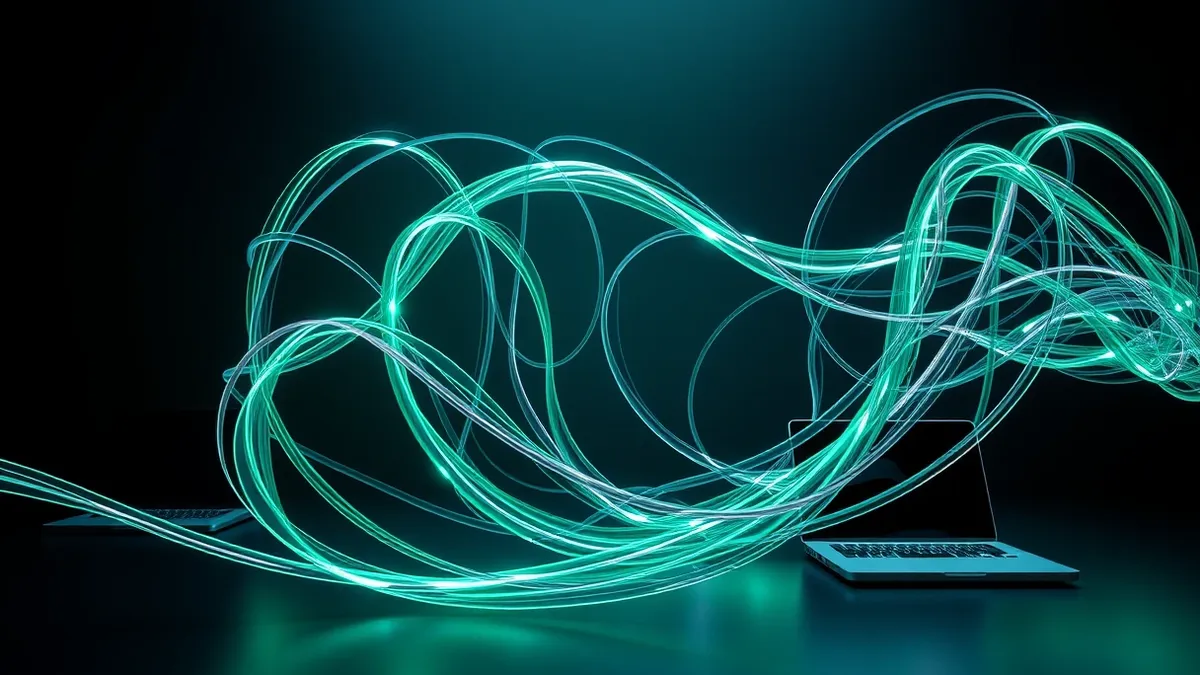 Illustration: A tangled web of glowing, multi-colored fiber optic cables snakes through a dark room, pulsing with rhythmic light to represent encrypted data flows.